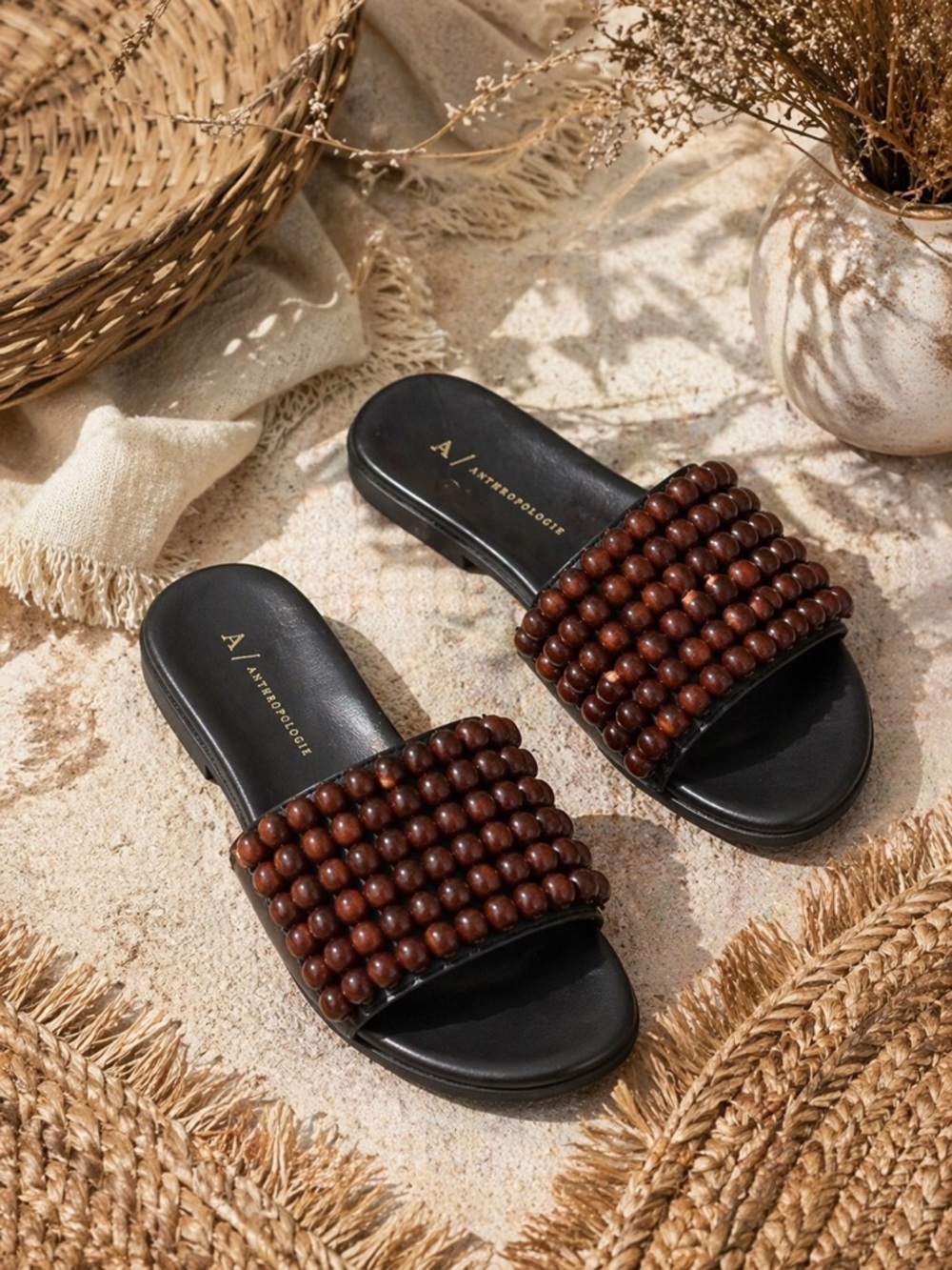 Anthropologie Wood Beaded Leather Slide Sandals EU 39 US 8.5 NWOT